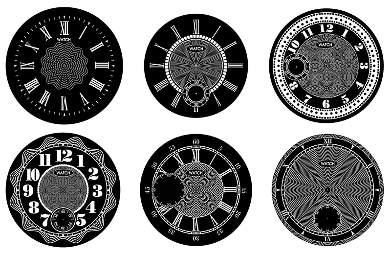 Clock face blank set isolated on white background. Vector watch design. Vintage roman numeral clock illustration. White number round scale on black circle.